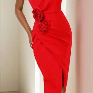 Chic One Shoulder Red Dress with Floral Accents